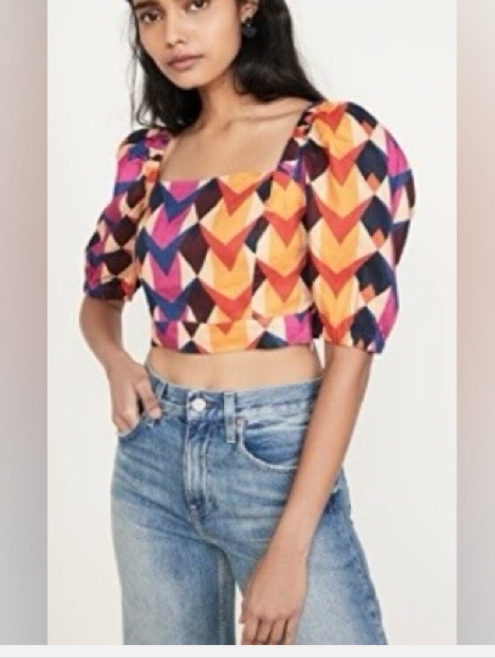 FARM Rio Multicolor Geometric Puff-Sleeve Crop Top